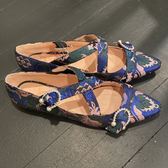 J. Crew Shoes - J crew Blue Floral Embellished Flats pristine condition 9.5